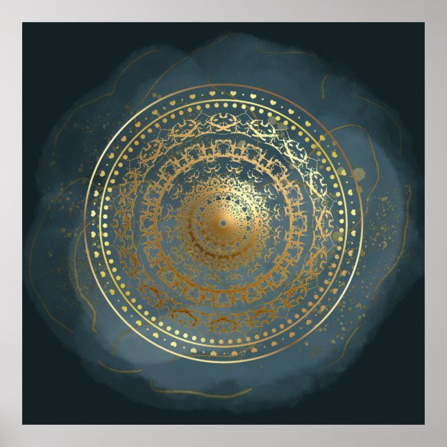 Poster Ornamentado azul e Dourado floresce (Frente)