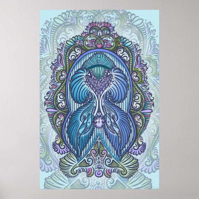 Pôster Ornamentado Azul e Teal Mandala Design (Frente)