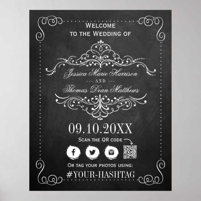 Poster Ornamentado Flourish Chalkboard Weding Welcome (Frente)