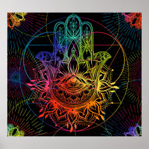 Poster Ornamentado hamsa: padrão de neon desenhado à mão.