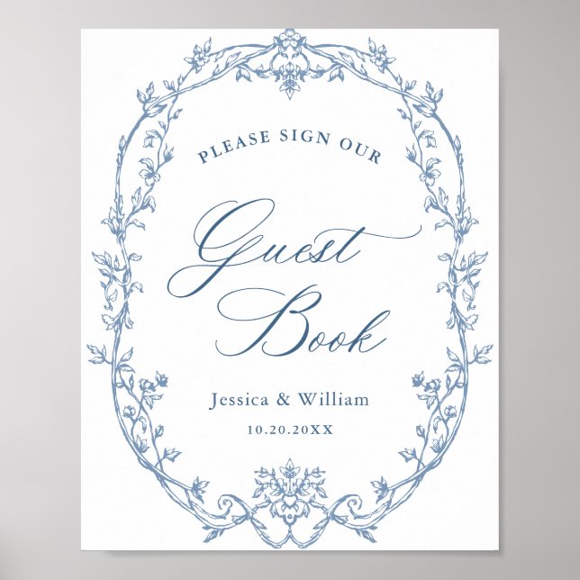 Poster Ornamentado Vitoriano Dusty Blue Guestbook Sinal d (Frente)