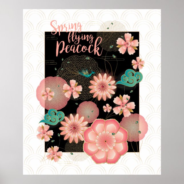 Poster Ornamento Floral de Peacock primavera Peach Garden (Frente)