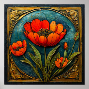 Poster 🌺 Ornamento Floral Vermelho Decoração Barroca Ele