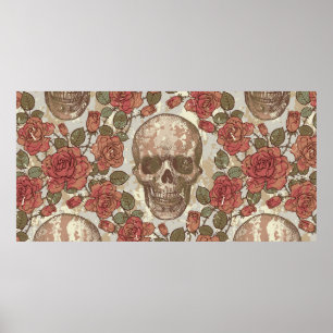Poster ornamento sem costura em estilo retrô com crânio