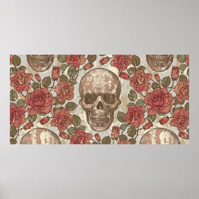 Poster ornamento sem costura em estilo retrô com crânios  (Frente)