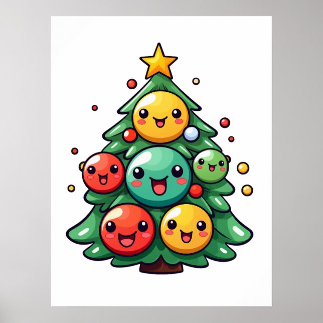 Poster Ornamentos de Caracteres de Árvore de Natal Bonito (Frente)