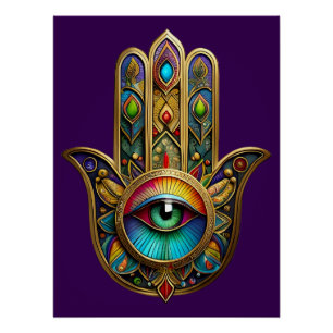 Pôster Ornate Dourado Colorido Hamsa Verde no Terceiro Ol