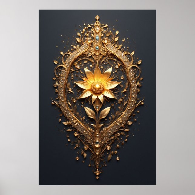 Poster Ornate Gold Frame With Large Metallic Flower Medal (Frente)