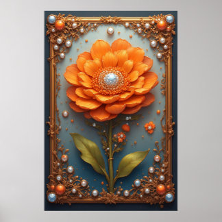Poster Ornate Orange Flower Artwork in Gold Frame