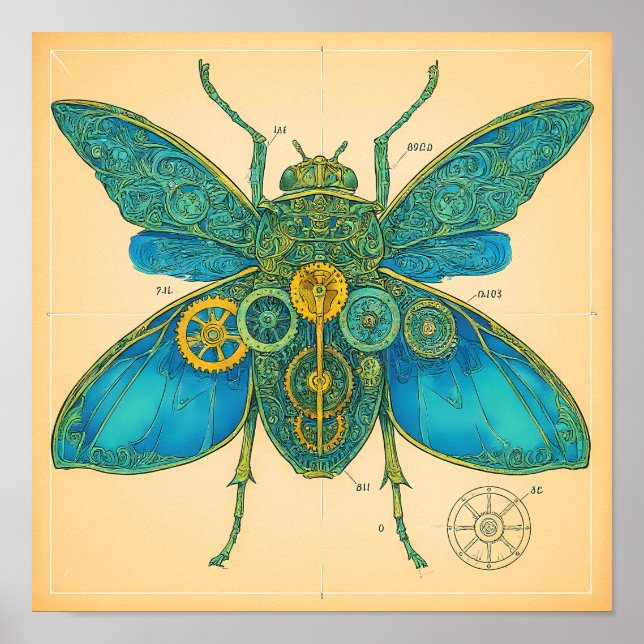 Poster Ornate Technical Diagram: Steampunk Insect (Frente)