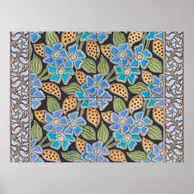 Poster Ornato Azul Periwinkle Floral Clássico Art Nouveau (Frente)