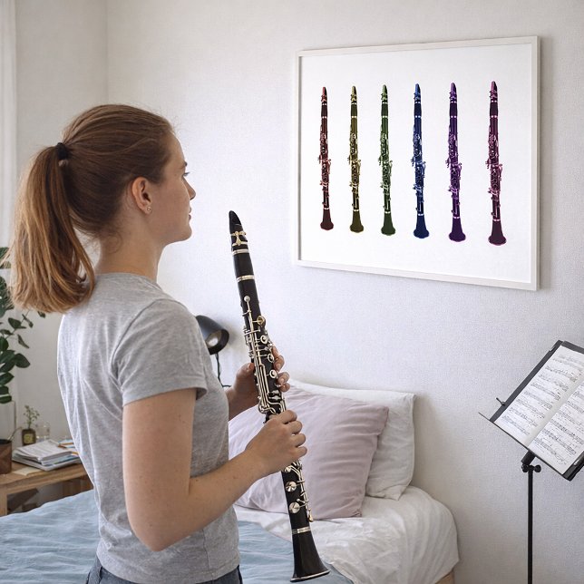 Poster Orquestra de Arte de Clarinete de Arco-íris Vibran (A poster featuring a rainbow lineup of clarinets)