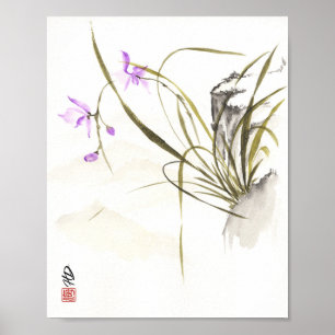 Poster Orquídea ao Lado da Rocha Antiga Arte com Pincel C
