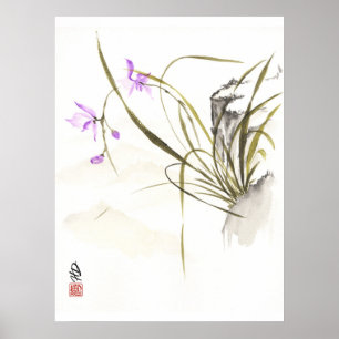 Poster Orquídea ao Lado da Rocha Antiga Arte com Pincel C