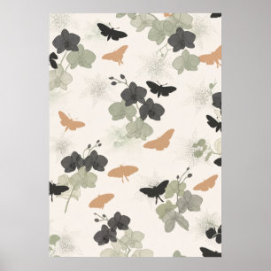 Poster Orquídea Mariposa Carvão Sage Padrão Botânico Arte