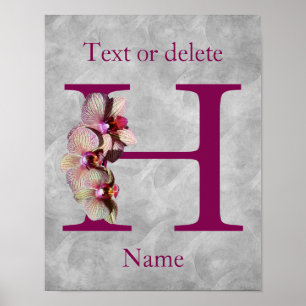 Poster Orquídea Monograma Inicial H Elegante Personalizad