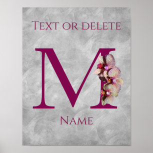 Poster Orquídea Monograma Inicial M Elegante Personalizad