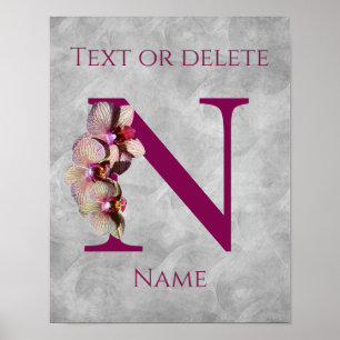 Poster Orquídea Monograma Inicial N Elegante Personalizad