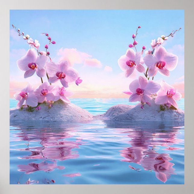 Poster 🌸 Orquídea Rosa Reflexo na Água Espaços Tranquilo (Frente)