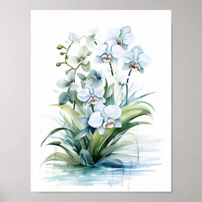 Poster Orquídeas de Aquarela Azul Elegante (Frente)