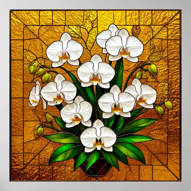 Poster Orquídeas em uma Obra de Arte de Vidro Pintado Com (Frente)