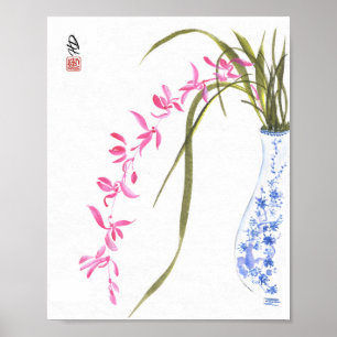 Poster Orquídeas Rosa em Vaso Azul e Branco Arte em Aquar