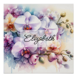 Pôster Orquídeas tropicais, cor de água floral e nome