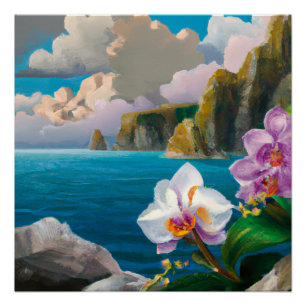 Pôster Orquídeas tropicais, oceanos, algemas e nuvens
