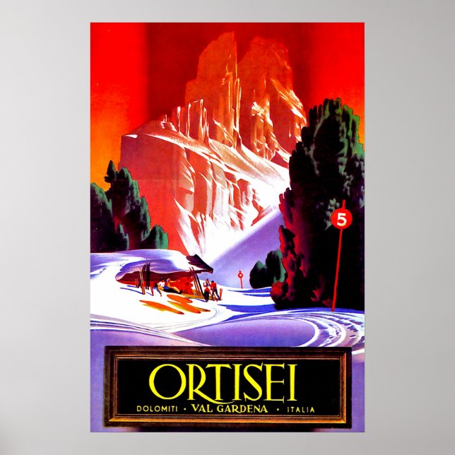 Poster Ortisei, Alps Dolomecados, Val Gardena ski, Itália (Frente)