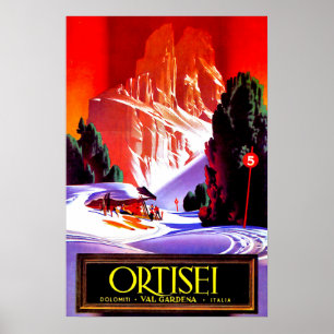 Poster Ortisei, cumes de Dolomiti, esqui do Val Gardena,