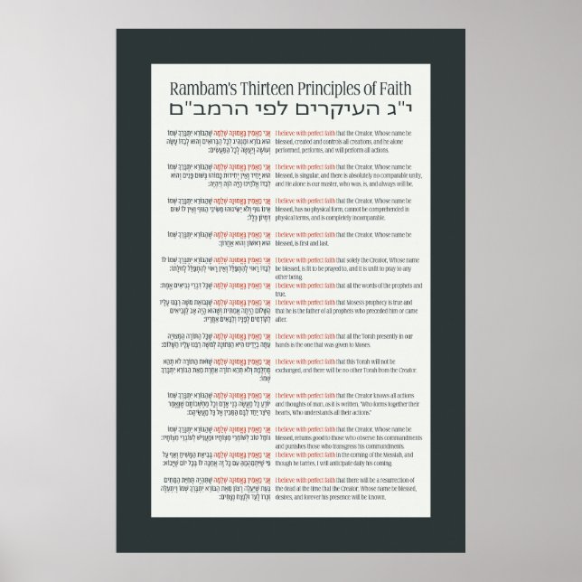 Poster Os 13 Princípios da Cinza Escura Judaica Fé (Frente)