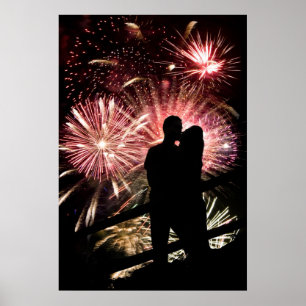 Poster Os fogos-de-artifício acoplam o beijo da silhueta