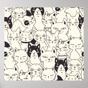 Poster Os gatos desenhados à mão rabiscam um padrão perfe