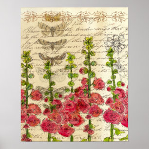 Poster Os Hollyhocks vermelhos Apple florescem colagem da