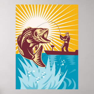 Pôster Os peixes do baixo Largemouth voam a haste de