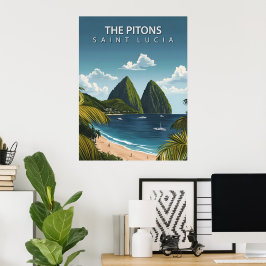Poster Os Pitons – Cartaz de Viagem Antigo de Santa Lúcia
