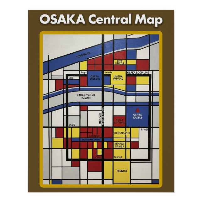 Pôster OSAKA central map Piet Mondrian style (Frente)