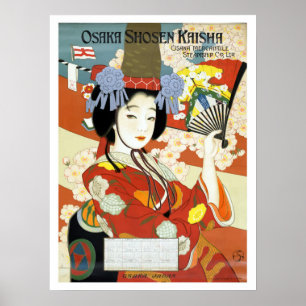 Poster Osaka, Japão, gueixa com fã, viagens vintage