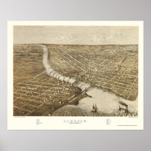 Poster Oshkosh, mapa panorâmico dos WI - 1887