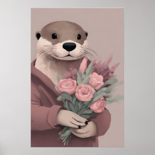 Poster Otter Adorável Com Flores