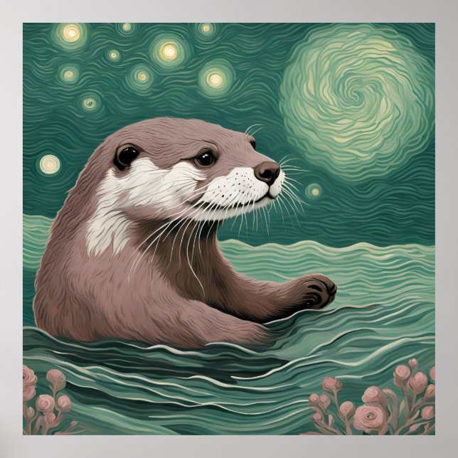 Poster Otter em uma Sage do Oceano Noturno Estrelada e Ro (Frente)