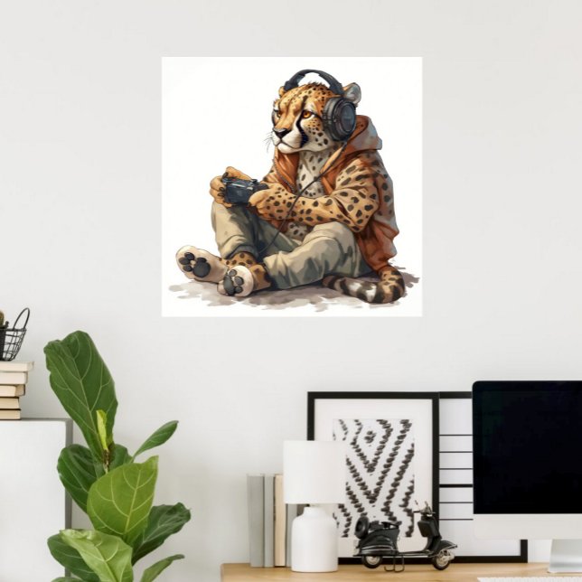 Poster ou Download do Gamer Cheetah para Crianças (Gamer Cheetah Funny Canvas Print for Kids Cheetah playing video games)