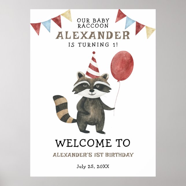 Poster Our Baby Raccoon 1st Birthday Party Welcome (Frente)