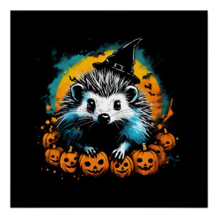 Pôster ouriço de Halloween e abóboras fofos