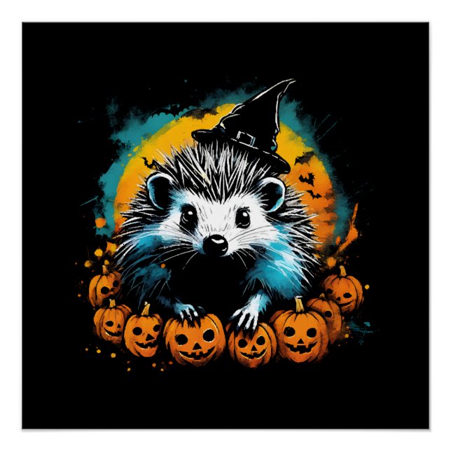 Pôster ouriço de Halloween e abóboras fofos (Frente)