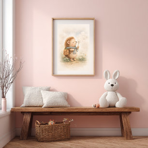 Poster ouriço Fofo com Dandelion Sala de Crianças Neutra