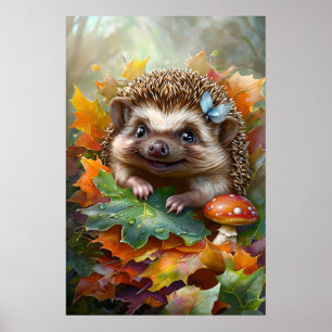 Poster ouriço Fofo em Folhas de Outono – Arte da Floresta