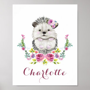 Poster Ouriço pintado mão floral personalizado