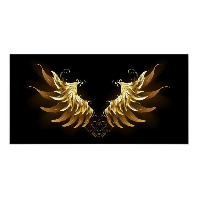Pôster Ouro Angel Wings sobre fundo preto (Frente)