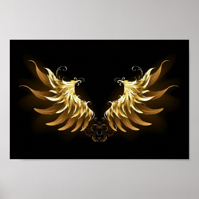 Poster Ouro Angel Wings sobre fundo preto (Frente)